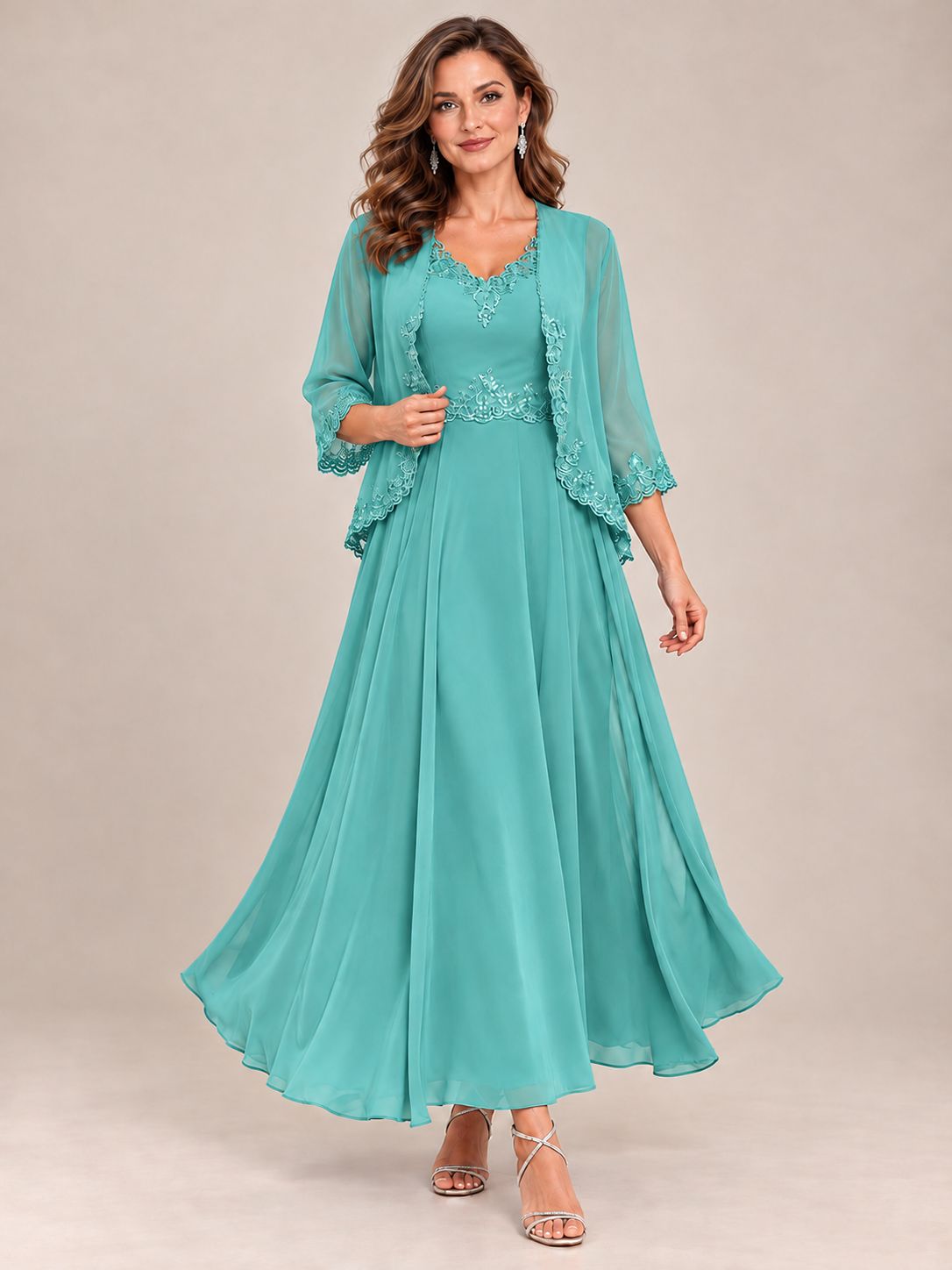 Dusty Blue Floral Lace Chiffon Mother of the Bride Dress with Jacket