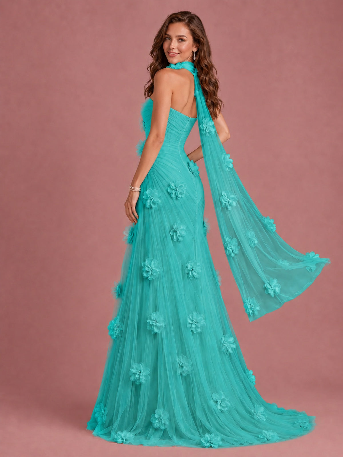 Blush Pink Strapless Sweetheart 3D Floral Tulle Mermaid Prom Dress