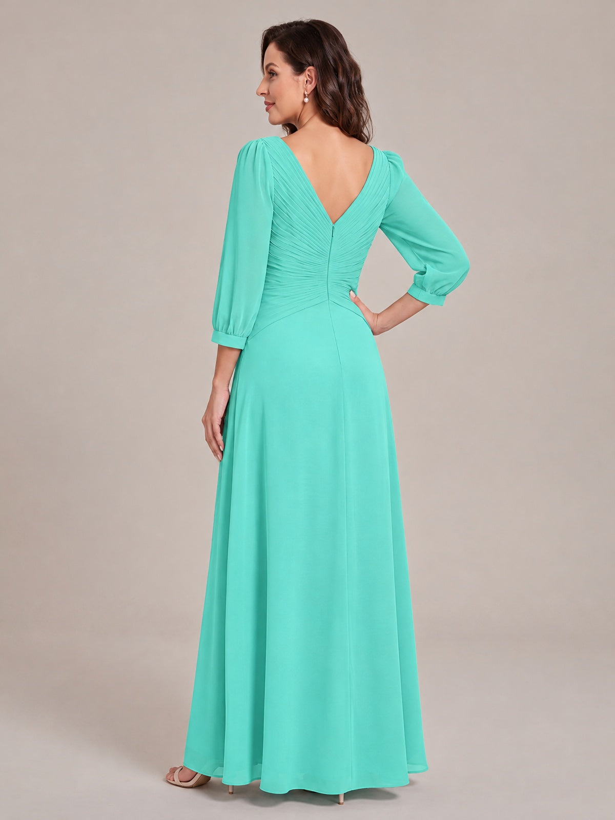 V-Neck Pleated Chiffon Mother of the Bride Dress with Flutter Sleeves