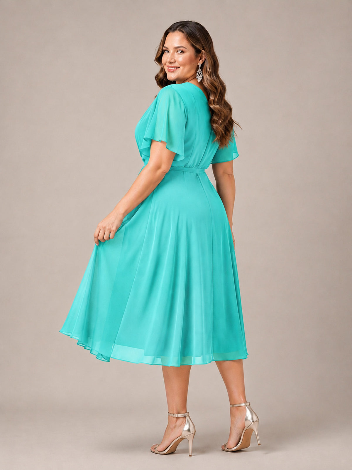Navy Blue A-Line V-Neck Tea-Length Mother of the Bride Dress