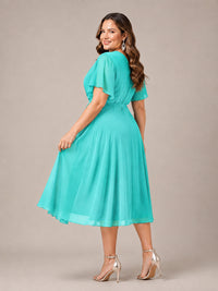 Navy Blue A-Line V-Neck Tea-Length Mother of the Bride Dress
