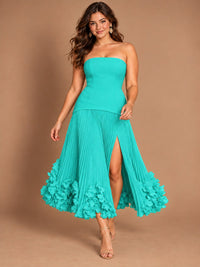 Navy Blue Strapless Pleated A-Line Midi Dress with 3D Floral Applique