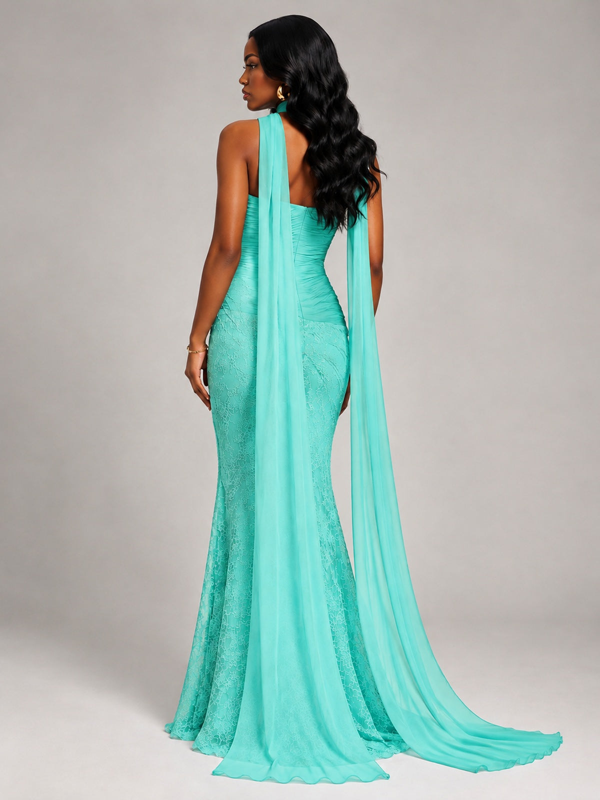 Pleated Chiffon Lace Prom Dresses Long Bodycon Mermaid with Scarf