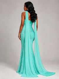 Pleated Chiffon Lace Prom Dresses Long Bodycon Mermaid with Scarf