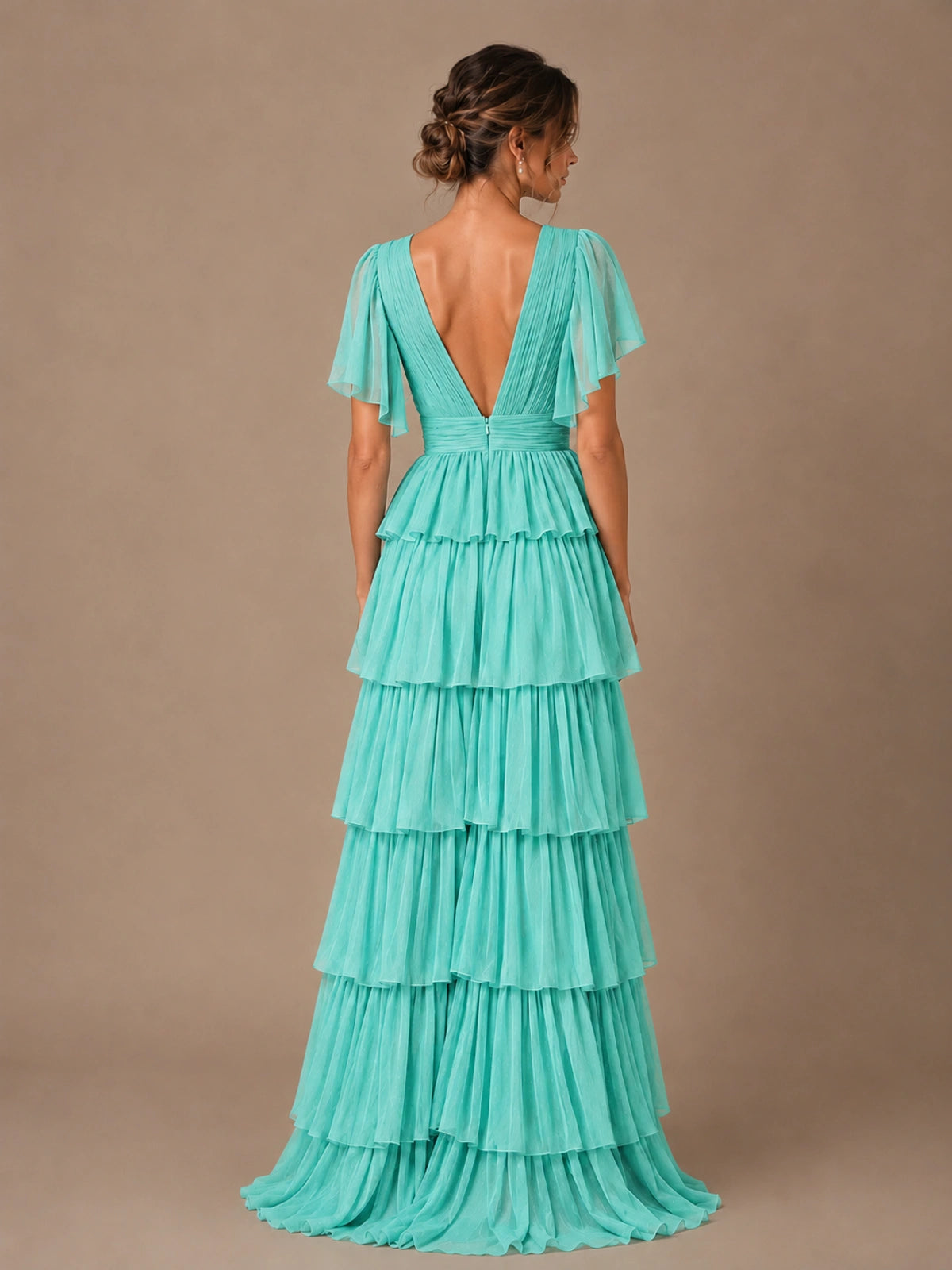 Chiffon V-Neck Tiered Ruffle Bridesmaid Dress with Slit