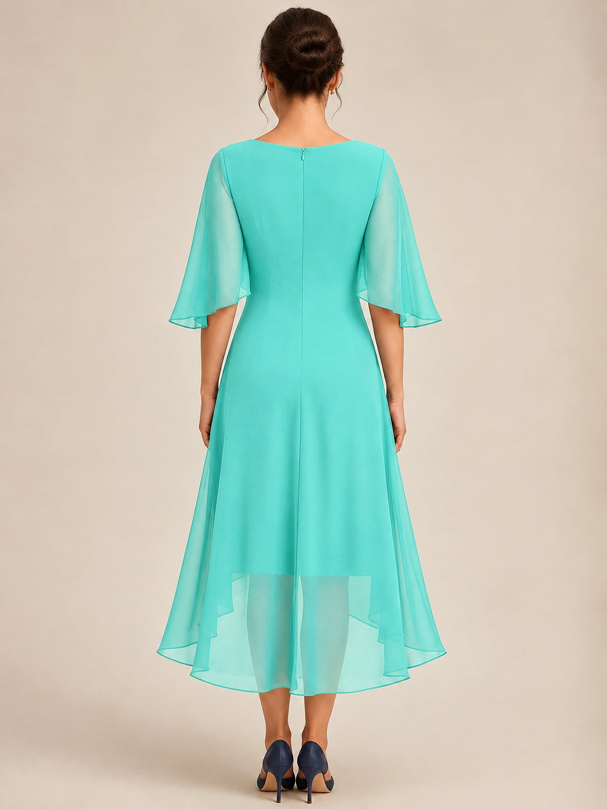 Cowl Neck Ruched Chiffon Mother of the Bride Dresses with Flutter Sleeves