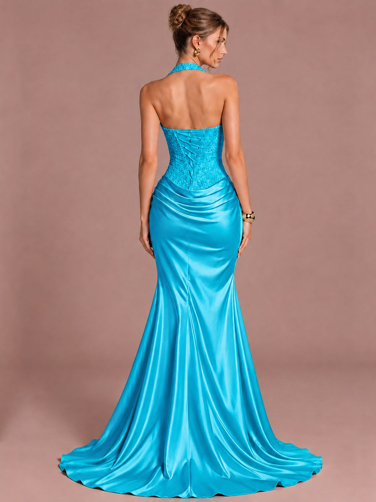 Sparkling Halter Corset Satin Mermaid Prom Dress