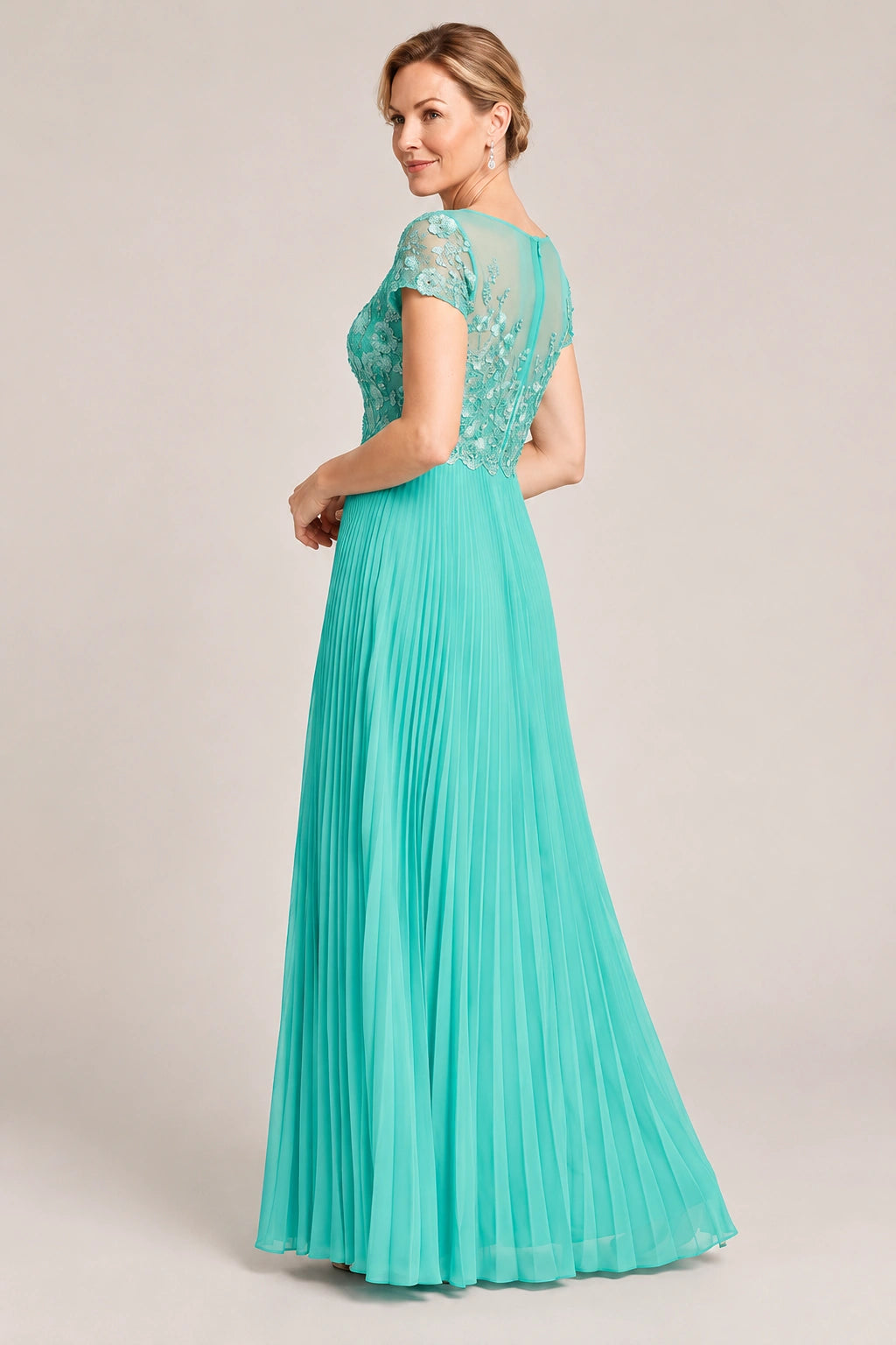 Embroidered Lace Pleated Mother of the Bride Dress