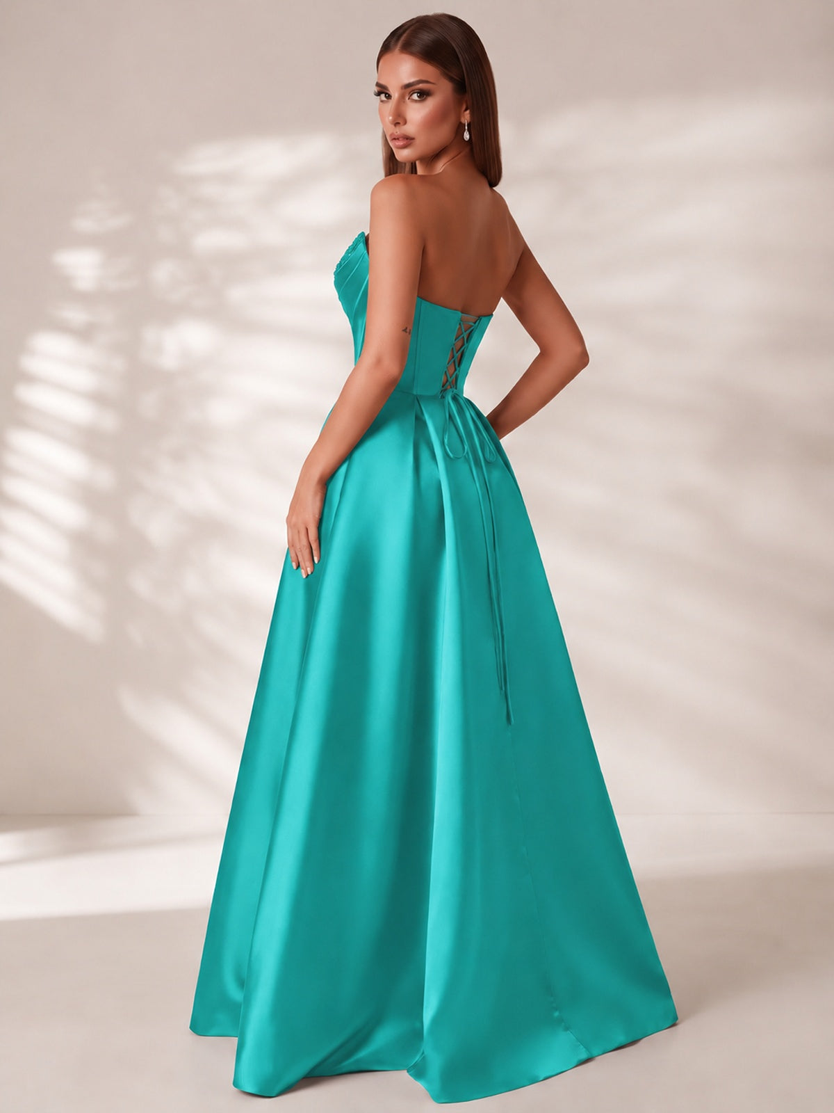 Strapless Corset Satin Prom Dress Long Evening Gown with High Slit
