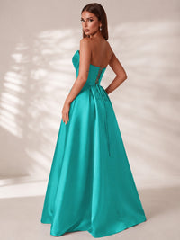 Strapless Corset Satin Prom Dress Long Evening Gown with High Slit