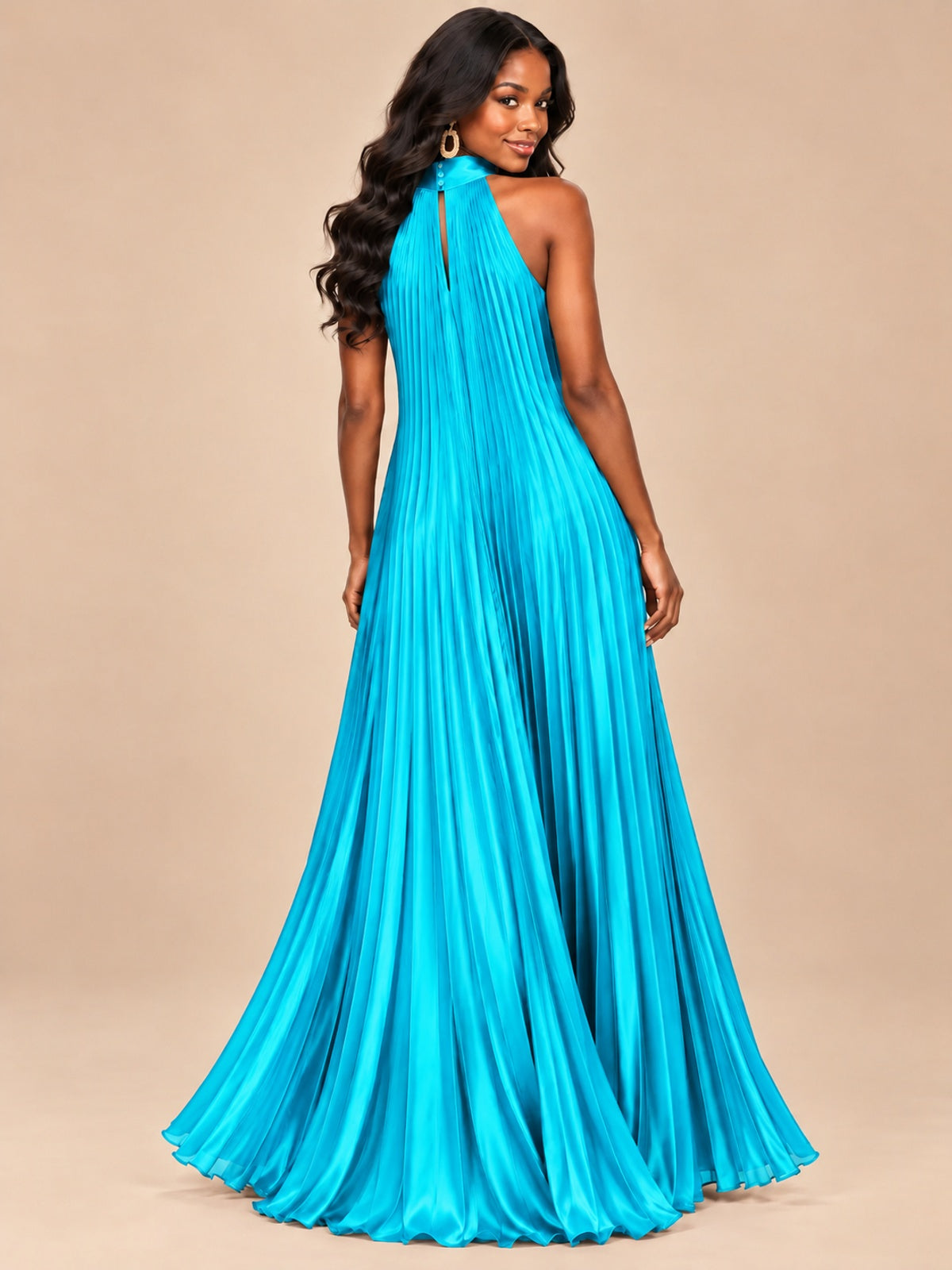 Rust Orange Pleated Halter Neck Maxi Dress