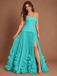 Strapless Pleated Floral Satin Formal Dress with Side Slit