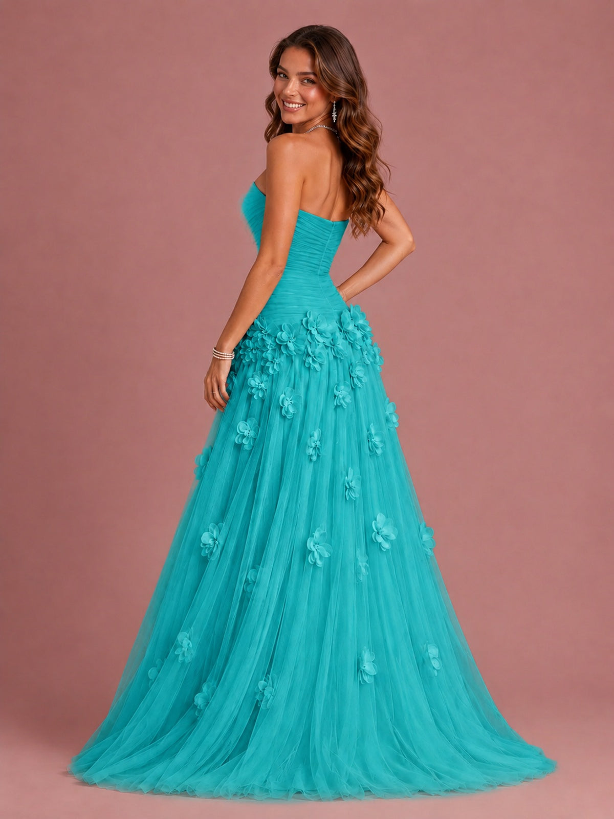 Blush Pink Strapless Sweetheart 3D Floral Tulle Ball Gown Prom Dres