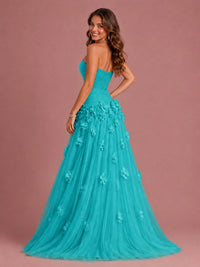 Blush Pink Strapless Sweetheart 3D Floral Tulle Ball Gown Prom Dres