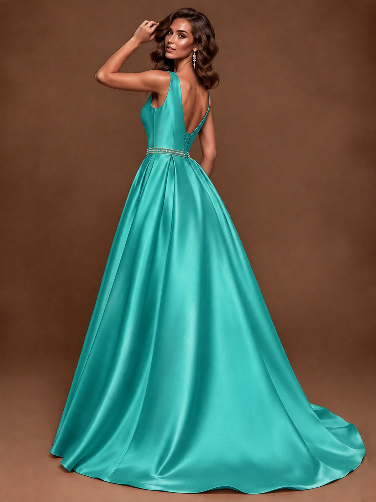 Satin A-Line Prom Dress Sleeveless Beaded Waist Formal Gown with Pockets