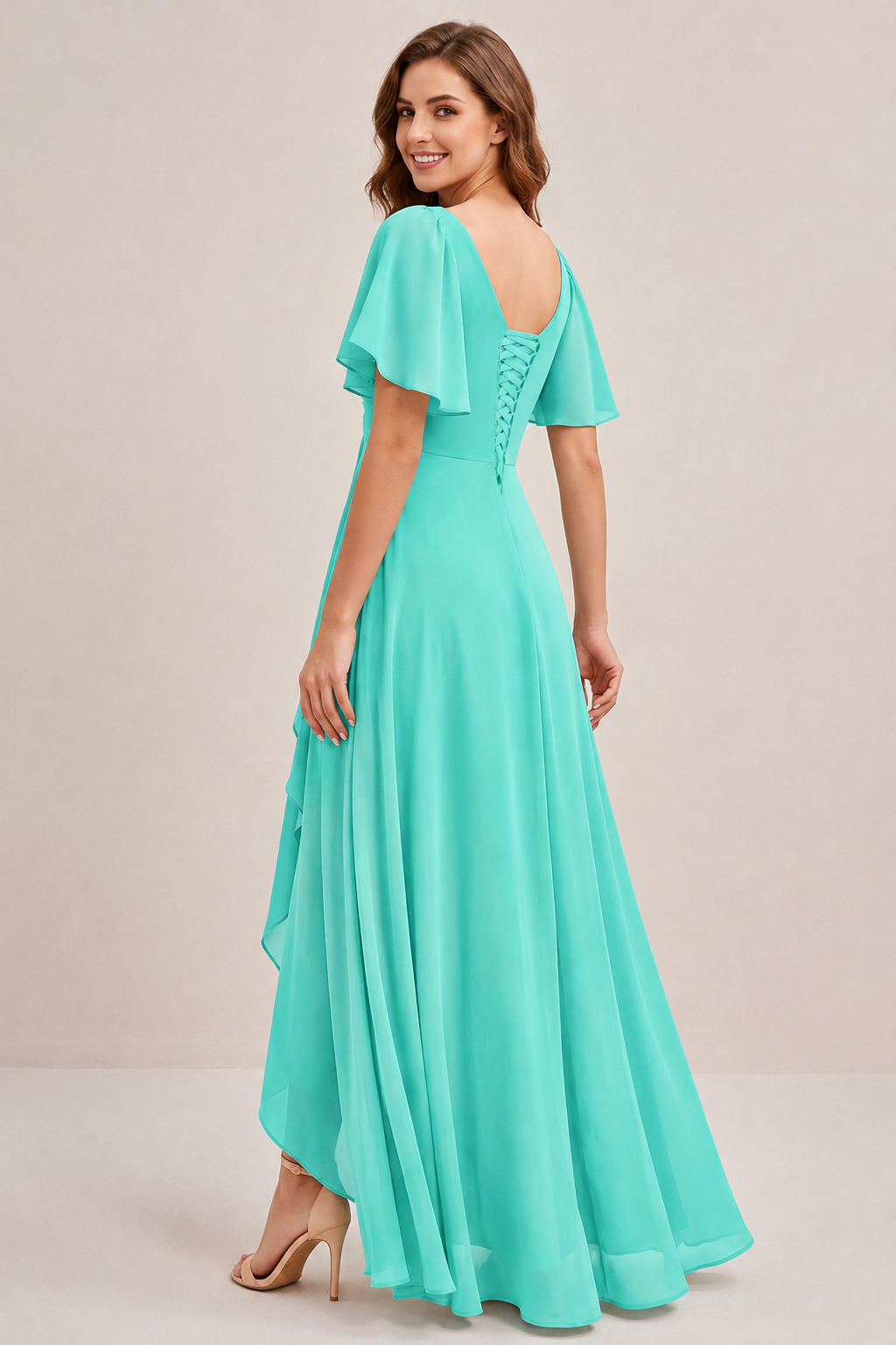 Dusty Blue Chiffon Bridesmaid Dress with Flutter Sleeves & High-Low Hem