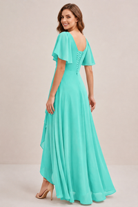 Dusty Blue Chiffon Bridesmaid Dress with Flutter Sleeves & High-Low Hem