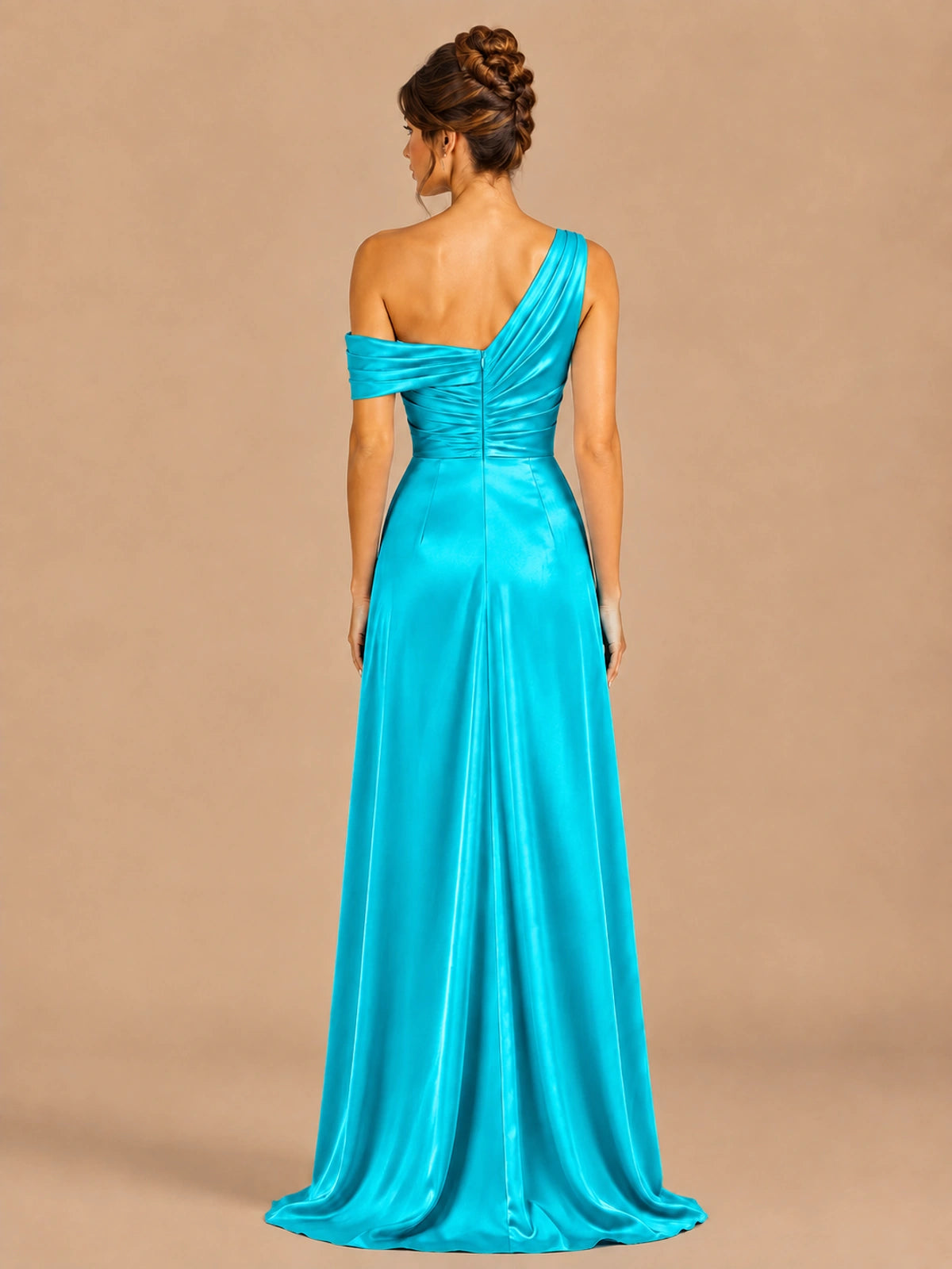 Satin One Shoulder Prom Dress Ruched Long Formal Evening Gown
