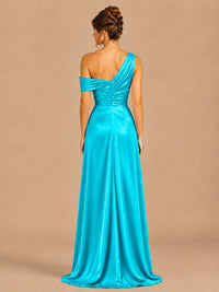 Satin One Shoulder Prom Dress Ruched Long Formal Evening Gown