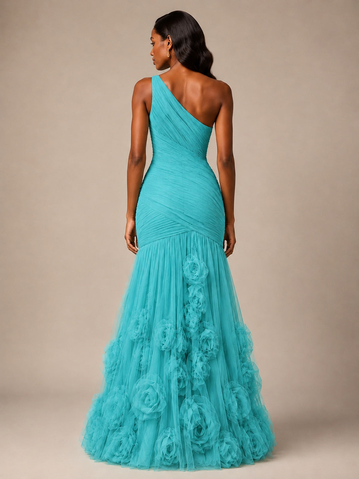 Blush Pink One Shoulder 3D Floral Mermaid Prom Dress