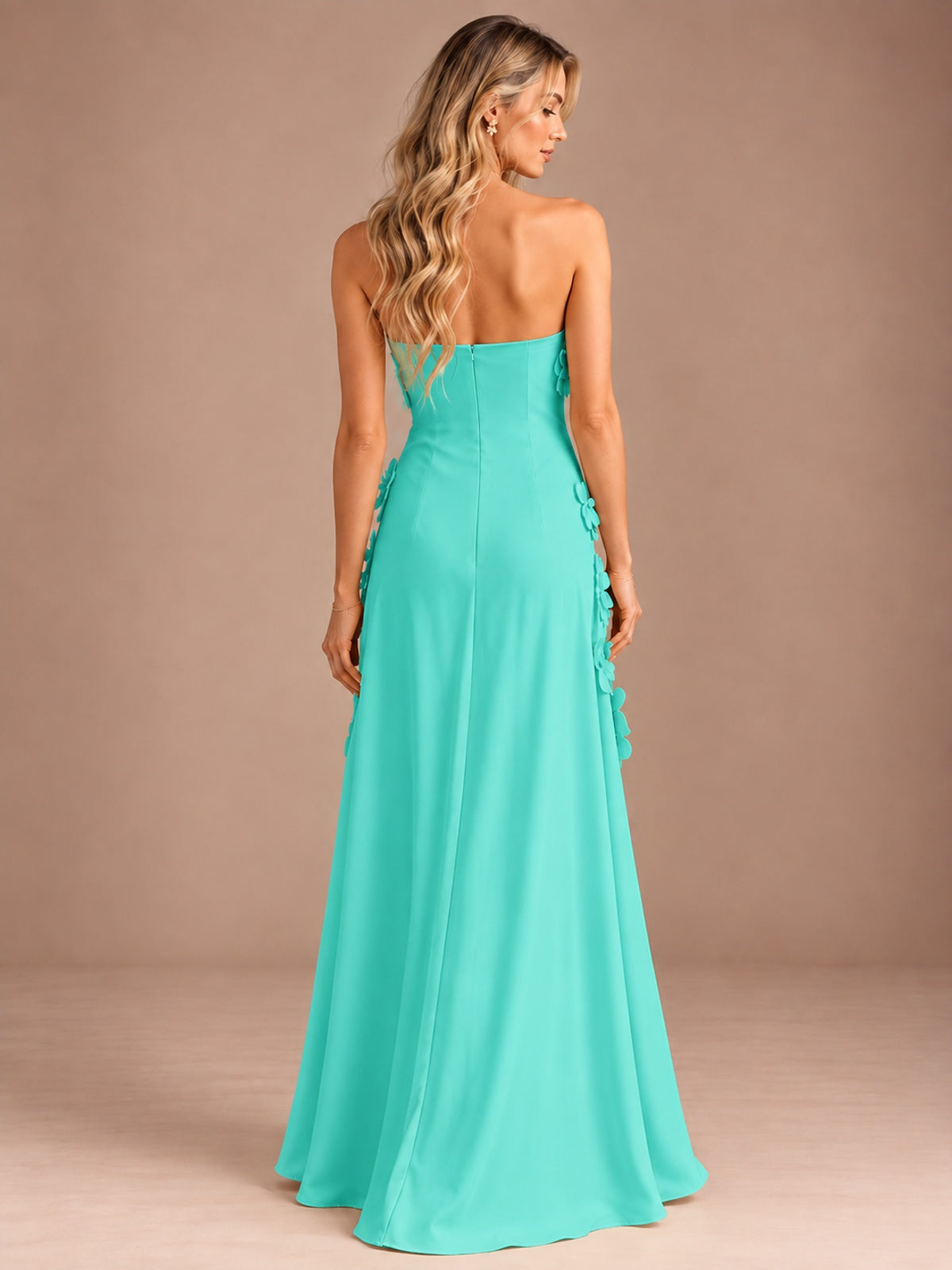 Yellow Strapless A-line Satin Maxi Dress with 3D Floral