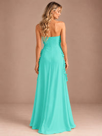 Yellow Strapless A-line Satin Maxi Dress with 3D Floral