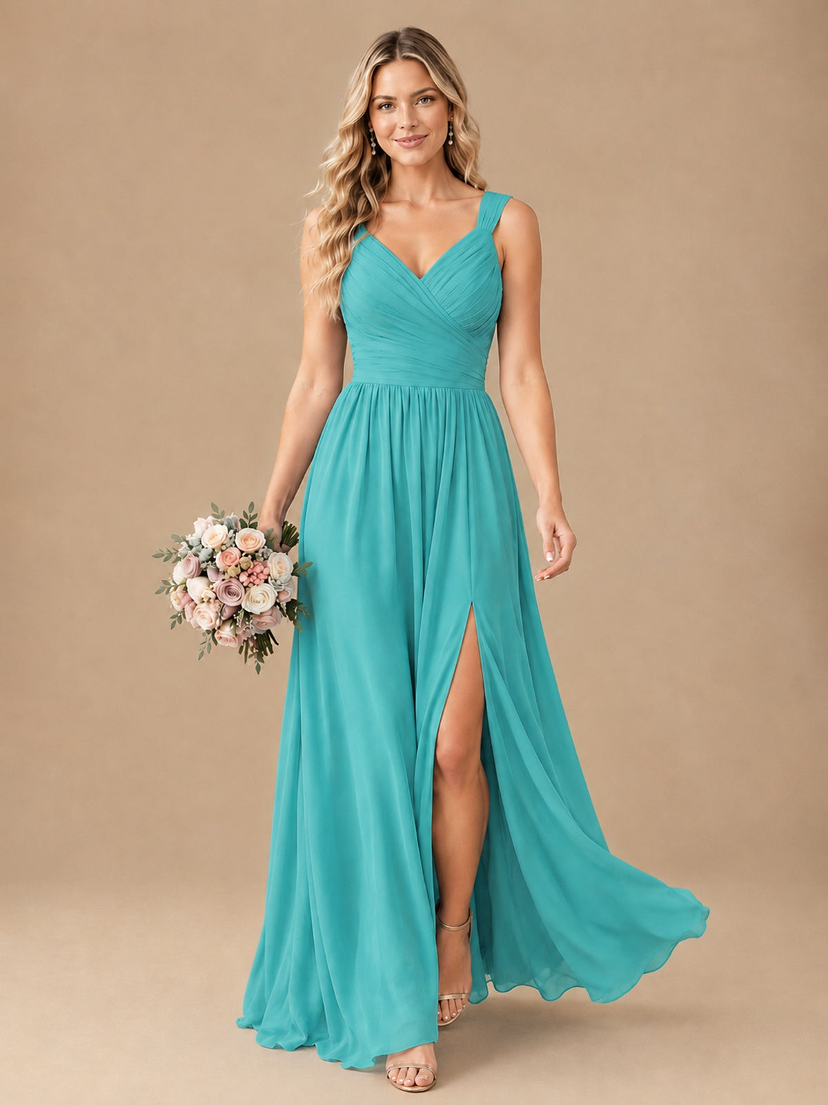Pleated Chiffon V Neck Wedding Bridesmaid Dresses Floor Length with Slit