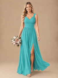 Pleated Chiffon V Neck Wedding Bridesmaid Dresses Floor Length with Slit