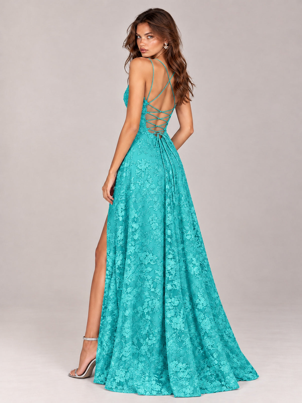 Floral Lace A-Line Prom Dress with Spaghetti Straps & High Slit