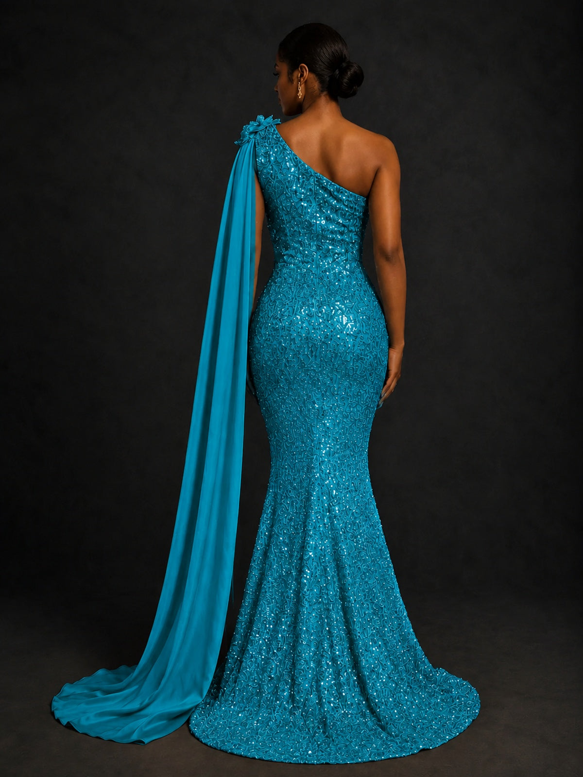 Gold Sequin One Shoulder Mermaid Prom Dress with Cape