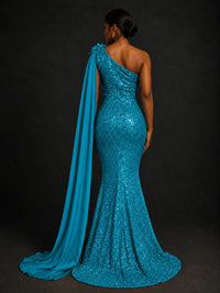 Gold Sequin One Shoulder Mermaid Prom Dress with Cape