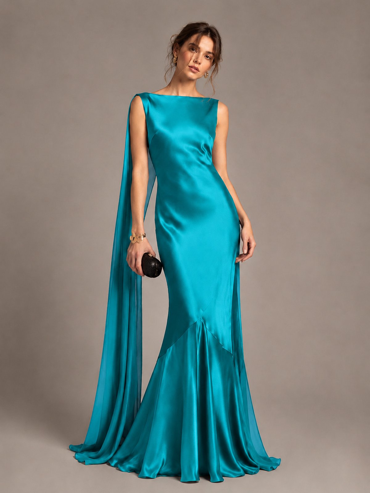 Burgundy Satin Mermaid Cape Maxi Dress