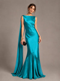 Burgundy Satin Mermaid Cape Maxi Dress