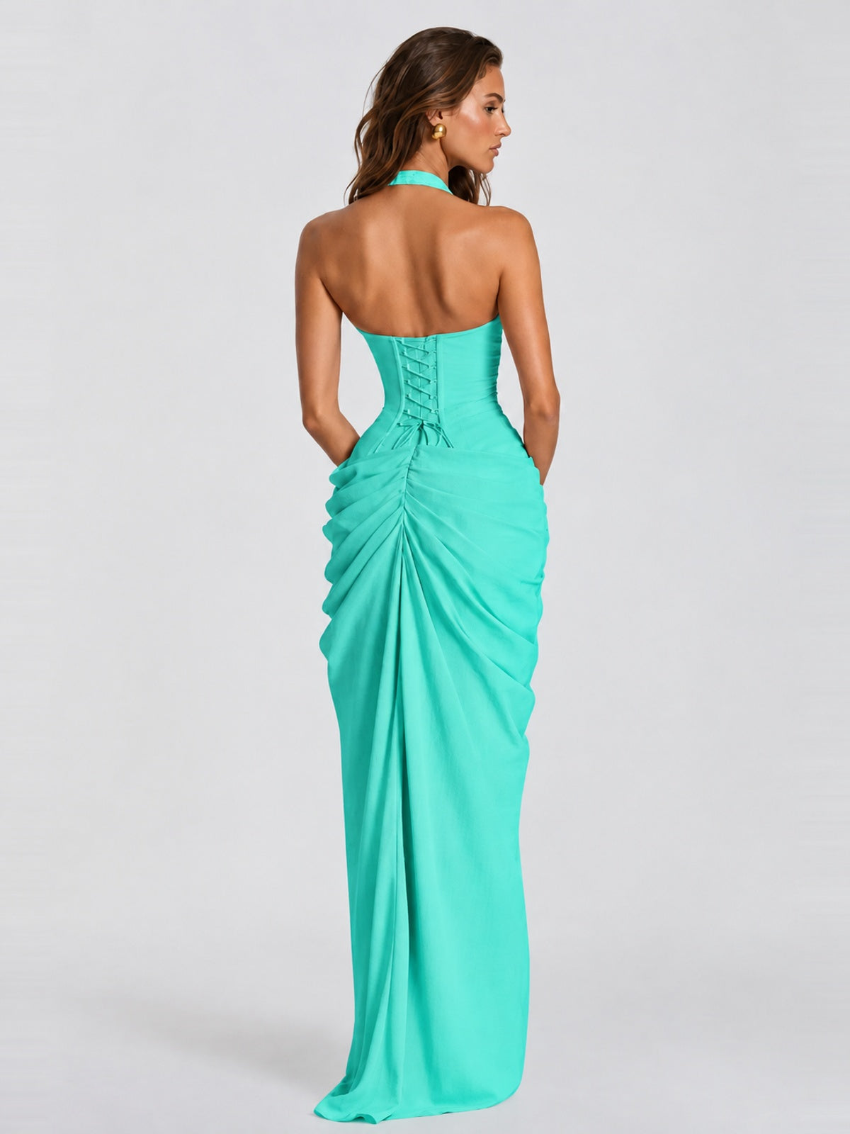 Ruched Halter Neck High-Slit Prom & Evening Dress