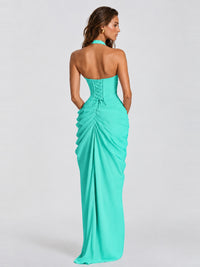Ruched Halter Neck High-Slit Prom & Evening Dress