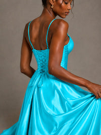 Lavender V Neck Satin Prom Dress with Spaghetti Straps