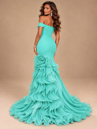 Dusty Blue Off-the-Shoulder Mermaid Prom Dress with 3D Rose & Ruffles