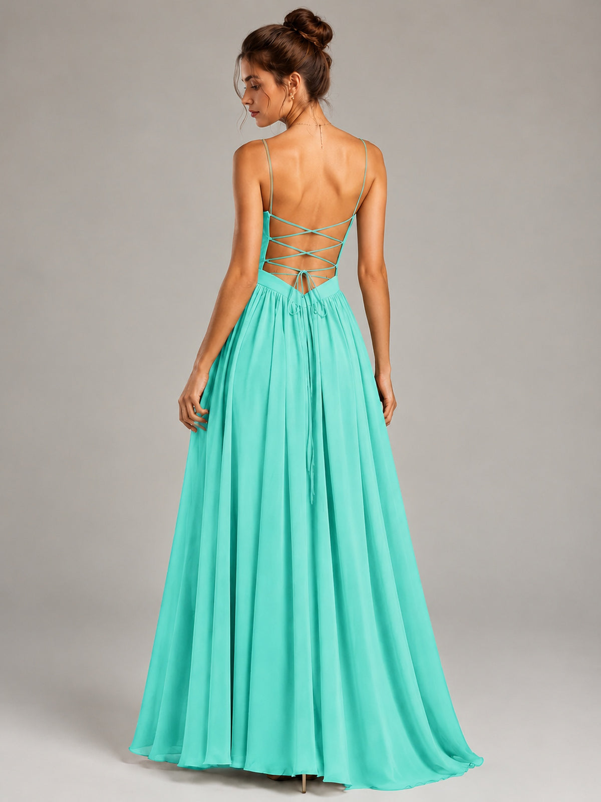 Spaghetti Strap Ruched Chiffon Maxi Dress with Backless