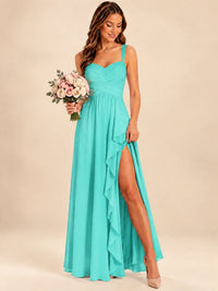 Spaghetti Straps Pleated Chiffon Bridesmaid Dress with Ruffle Slit