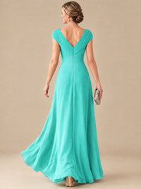 Pleated Chiffon Lace Mother of The Bride Dresses with Beading Cap Sleeves
