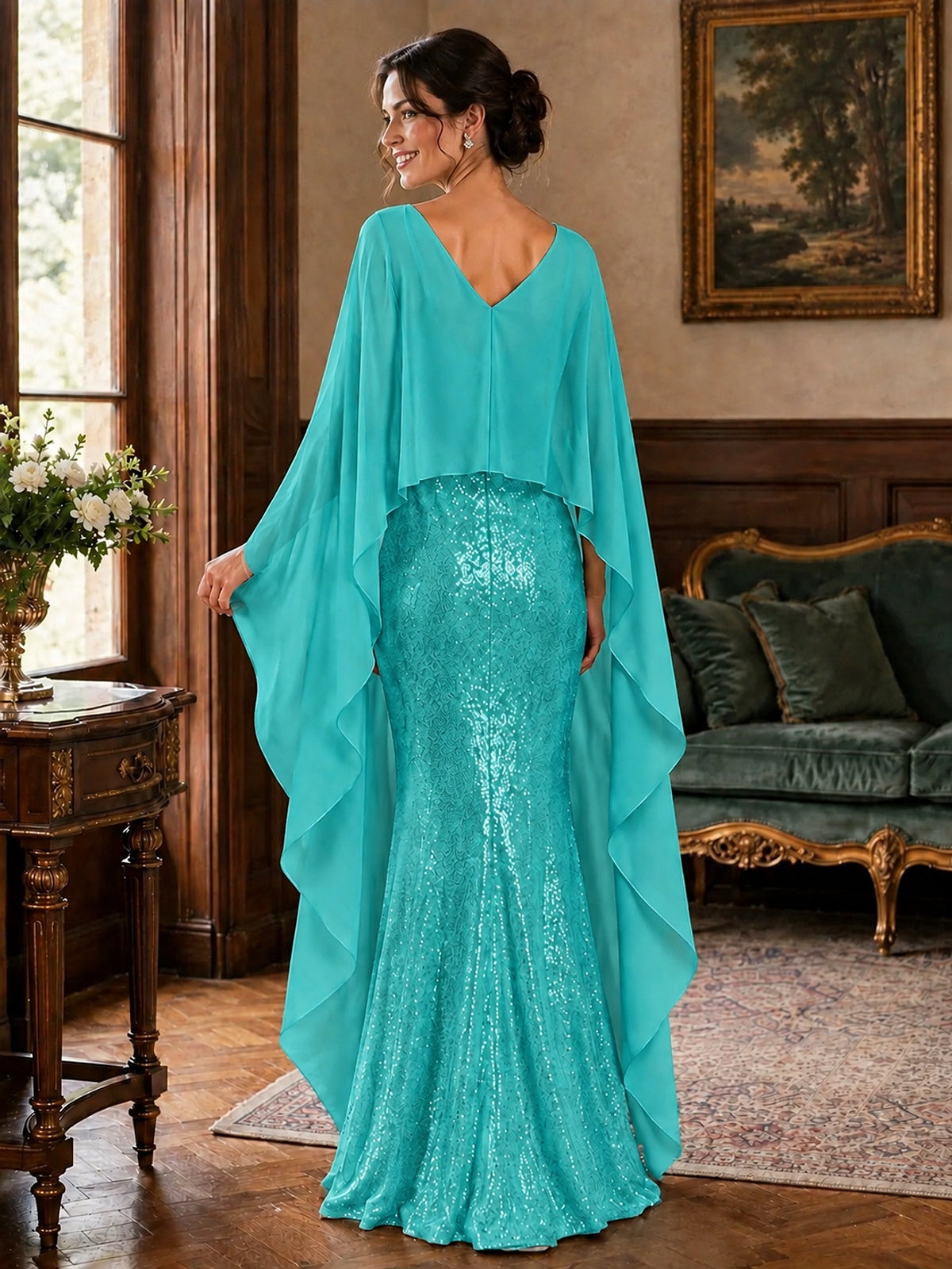 Sequin 2 Pieces Mother of the Bride Dress with Cap Sleeves Chiffon Formal Gowns