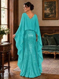Sequin 2 Pieces Mother of the Bride Dress with Cap Sleeves Chiffon Formal Gowns