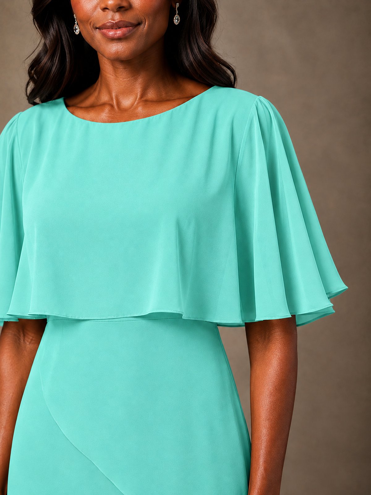 Taupe Chiffon A-Line Mother of the Bride Dress with Cape Sleeves