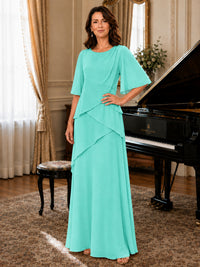 Asymmetric Draped Chiffon Mother of the Bride Dress with Flutter Sleeves