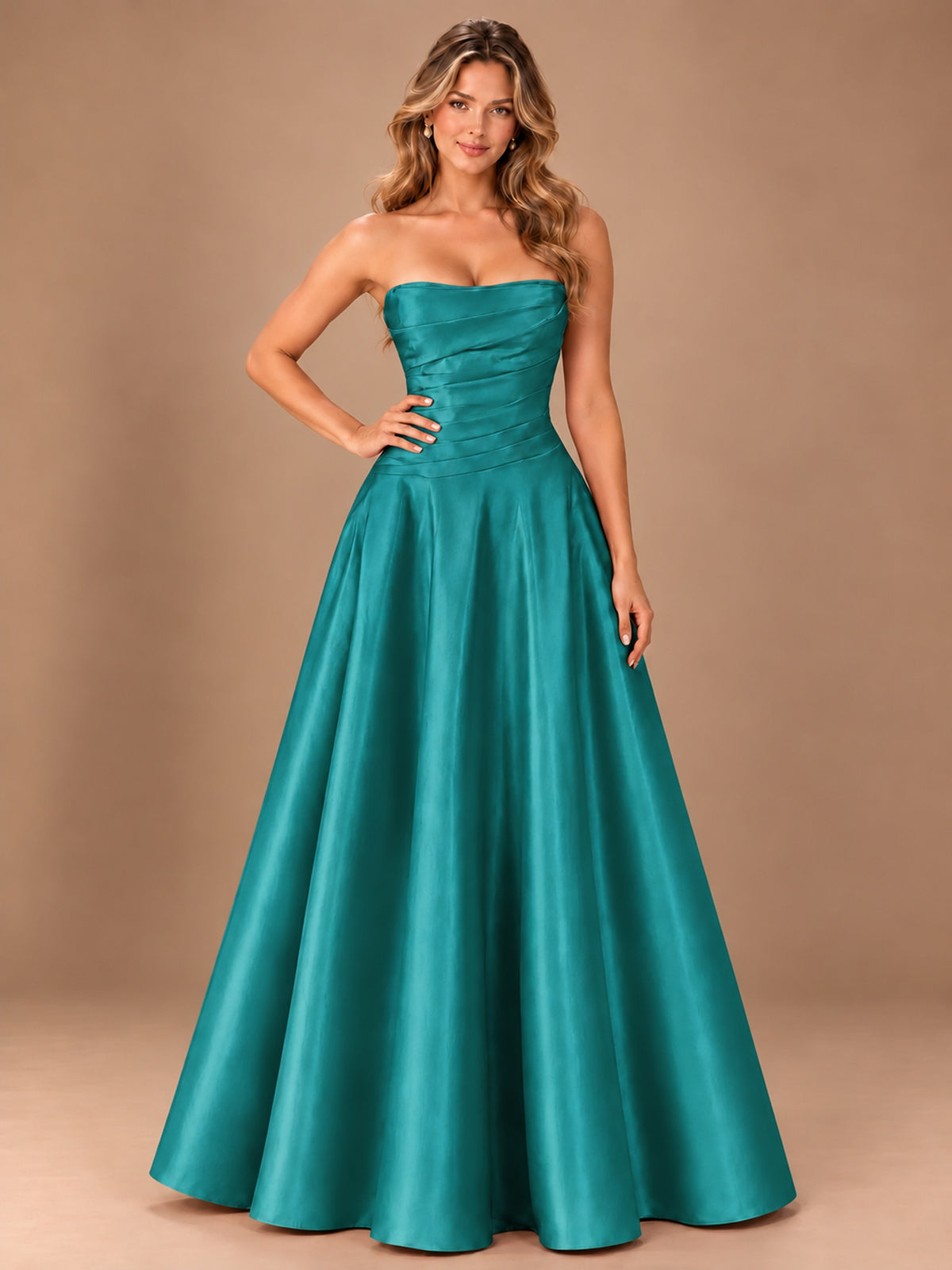 Blush Pink Strapless Satin A-Line Prom Dress with Ruched Bodice