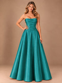 Blush Pink Strapless Satin A-Line Prom Dress with Ruched Bodice