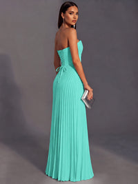 Strapless A-line Long Pleated Satin Prom Dress