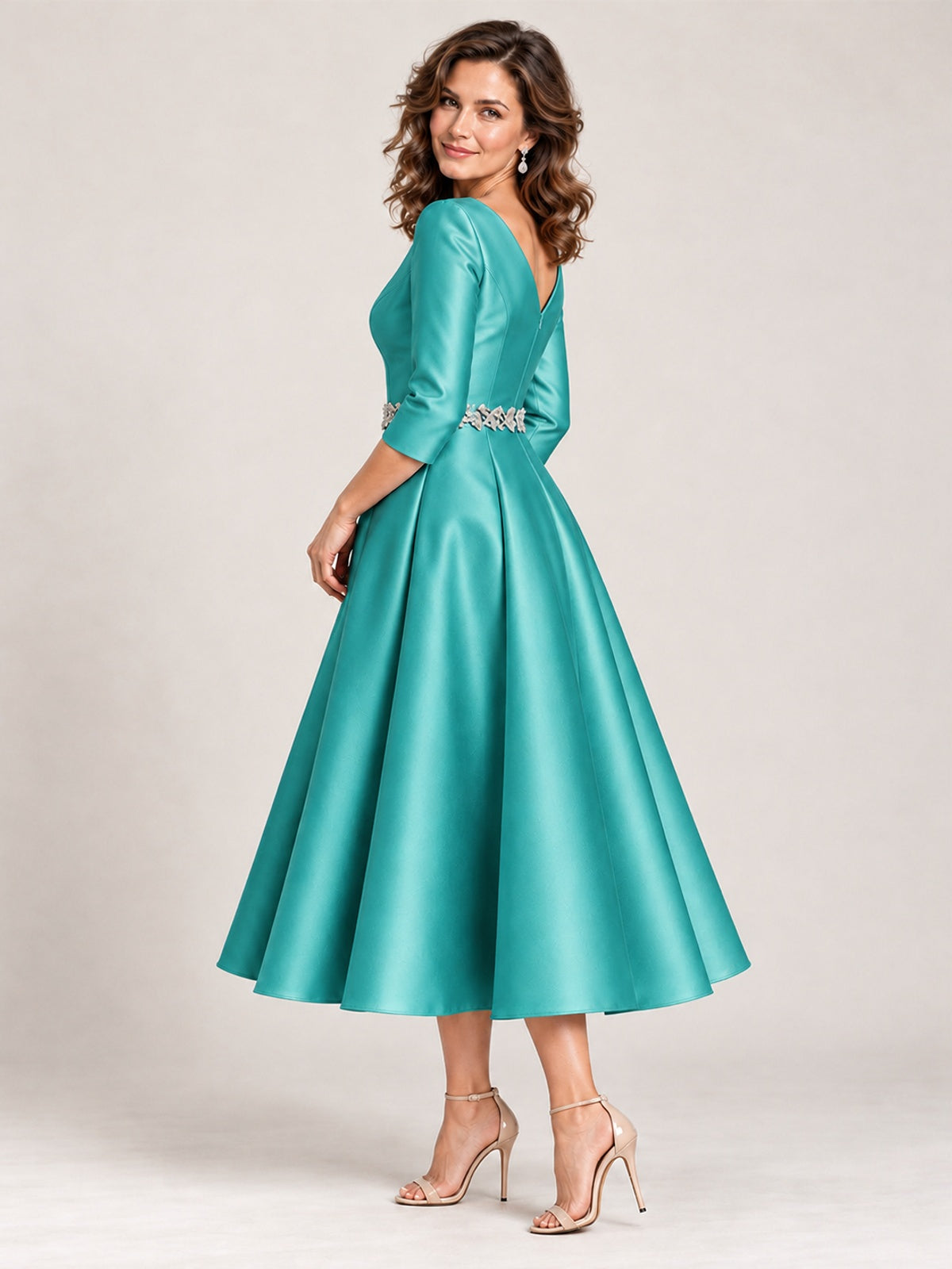 V-Neck Tea-Length Mother of the Bride Dress with Embellished Waist
