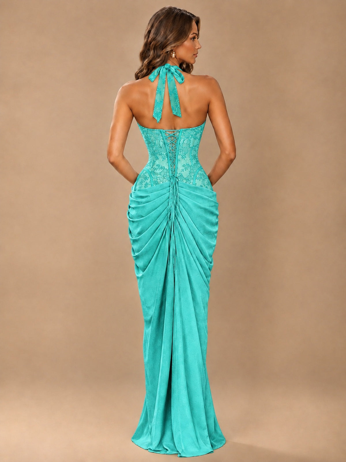 Sweetheart Halter Prom Dress Pleated Lace Floral Formal Dress with Slit