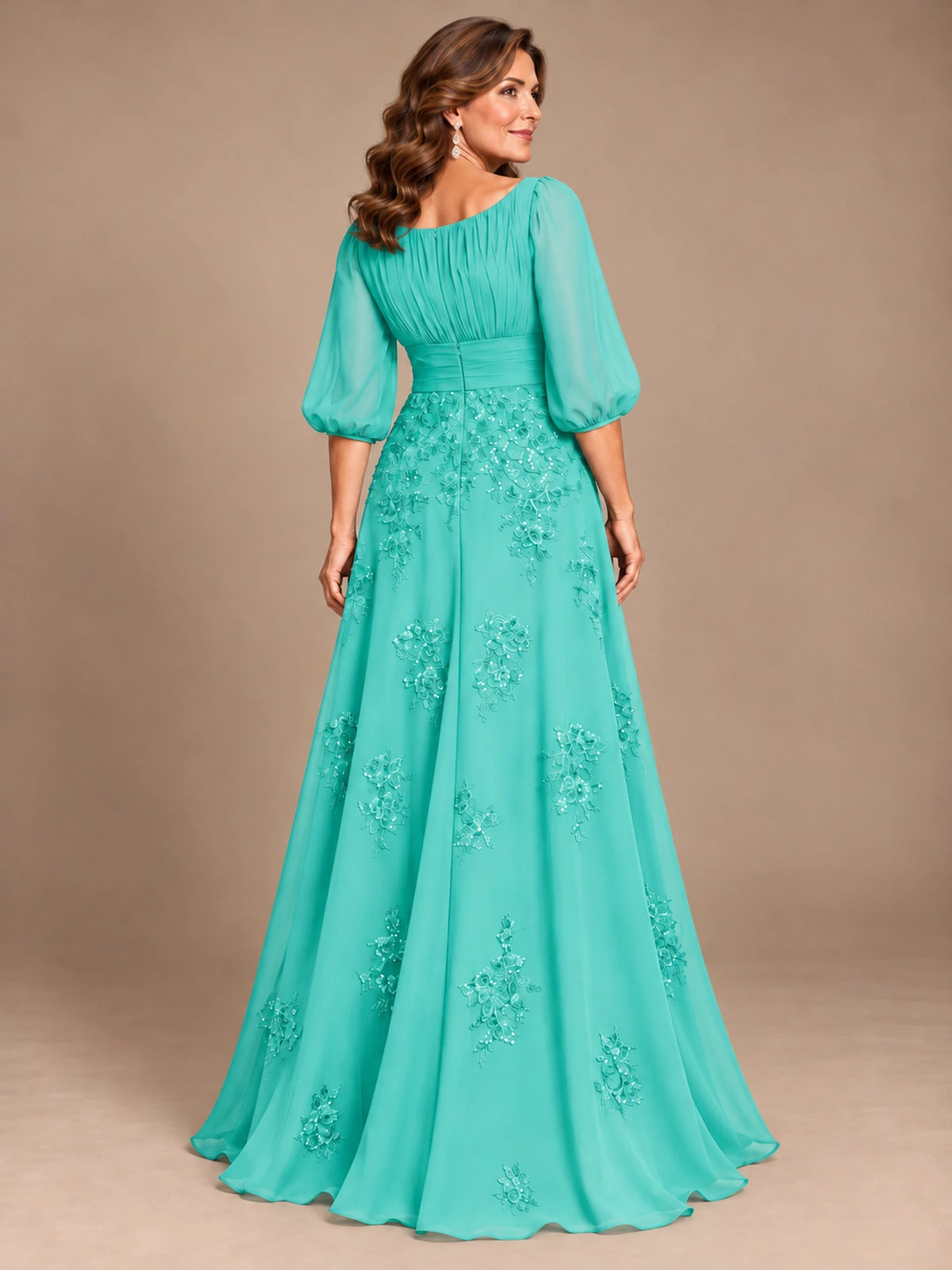 A-Line Mother of the Bride Dress with Sheer Puff Sleeves